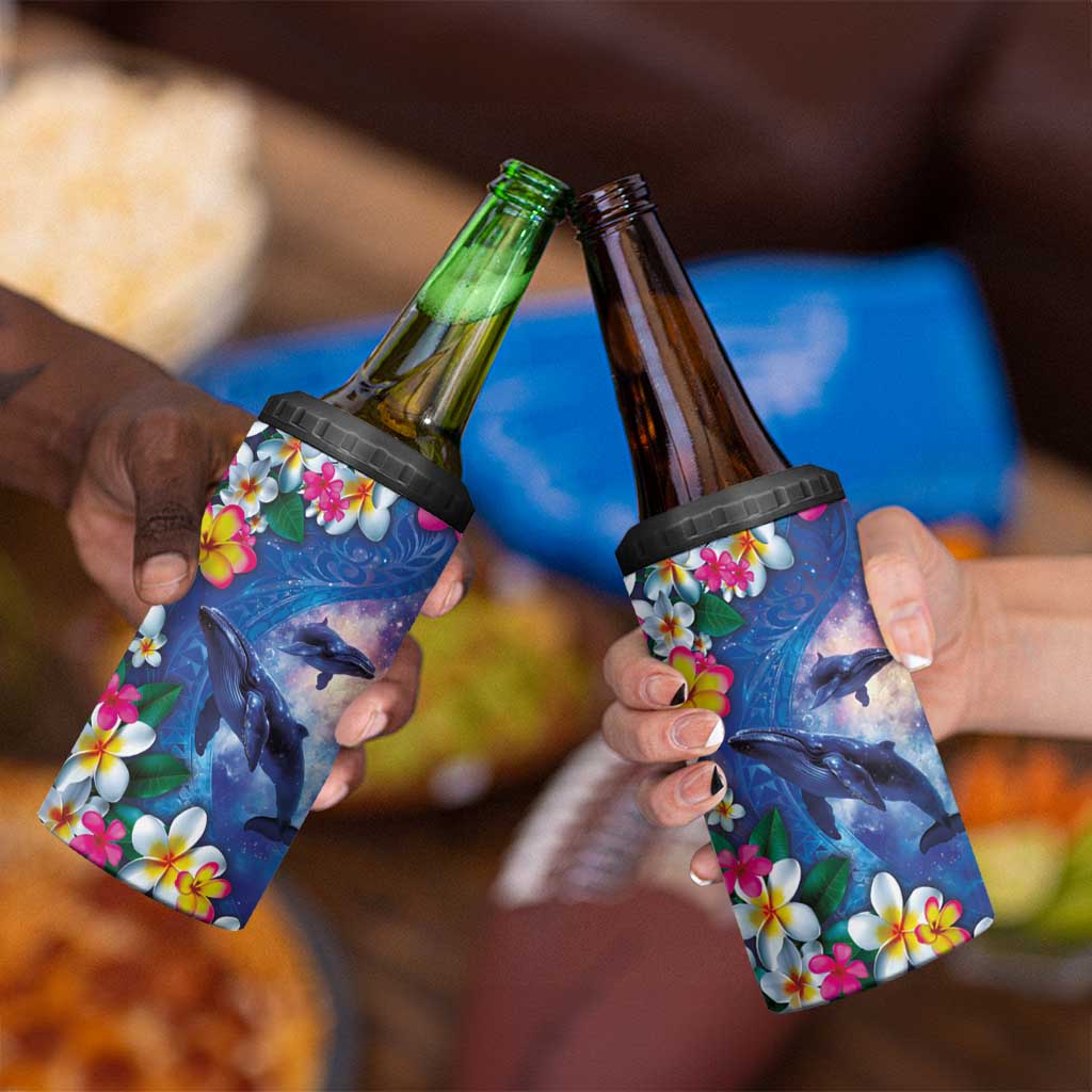 Hawaiian Lei Day Plumeria Humpback Whales 4 in 1 Can Cooler Tumbler Polynesian Art Vibrant Starry Nebula Style LT03 - Polynesian Pride