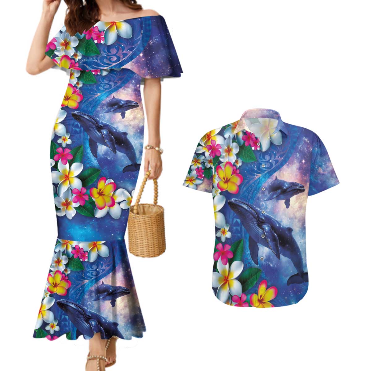 Hawaiian Lei Day Plumeria Humpback Whales Couples Matching Mermaid Dress and Hawaiian Shirt Polynesian Art Vibrant Starry Nebula Style LT03 Art - Polynesian Pride