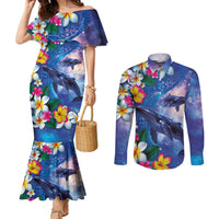 Hawaiian Lei Day Plumeria Humpback Whales Couples Matching Mermaid Dress and Long Sleeve Button Shirt Polynesian Art Vibrant Starry Nebula Style LT03 Art - Polynesian Pride