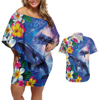Hawaiian Lei Day Plumeria Humpback Whales Couples Matching Off Shoulder Short Dress and Hawaiian Shirt Polynesian Art Vibrant Starry Nebula Style LT03 Art - Polynesian Pride