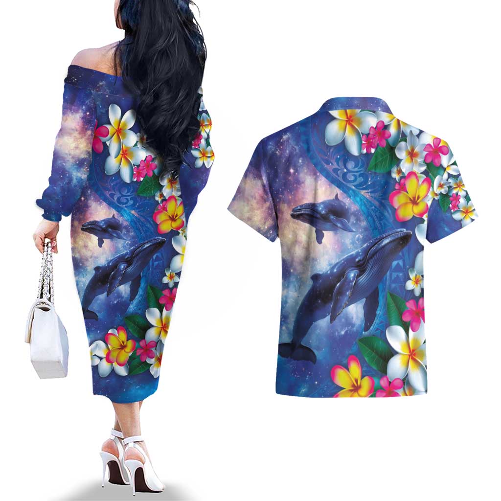 Hawaiian Lei Day Plumeria Humpback Whales Couples Matching Off The Shoulder Long Sleeve Dress and Hawaiian Shirt Polynesian Art Vibrant Starry Nebula Style LT03 - Polynesian Pride