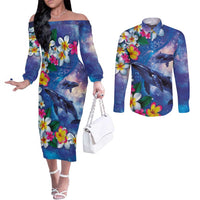 Hawaiian Lei Day Plumeria Humpback Whales Couples Matching Off The Shoulder Long Sleeve Dress and Long Sleeve Button Shirt Polynesian Art Vibrant Starry Nebula Style LT03 Art - Polynesian Pride