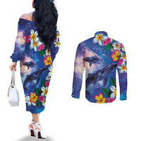 Hawaiian Lei Day Plumeria Humpback Whales Couples Matching Off The Shoulder Long Sleeve Dress and Long Sleeve Button Shirt Polynesian Art Vibrant Starry Nebula Style LT03 - Polynesian Pride