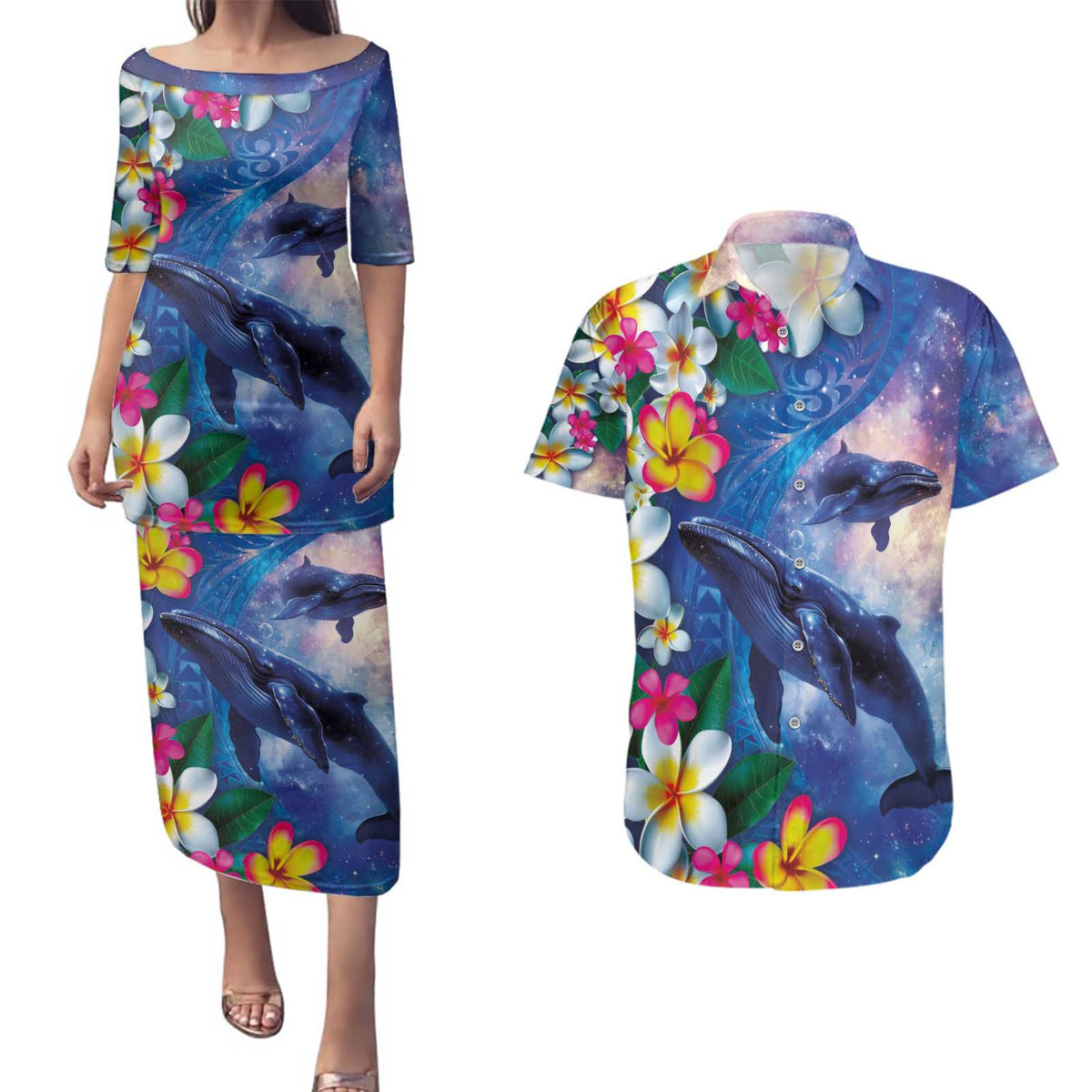 Hawaiian Lei Day Plumeria Humpback Whales Couples Matching Puletasi and Hawaiian Shirt Polynesian Art Vibrant Starry Nebula Style LT03 Art - Polynesian Pride