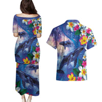 Hawaiian Lei Day Plumeria Humpback Whales Couples Matching Puletasi and Hawaiian Shirt Polynesian Art Vibrant Starry Nebula Style LT03 - Polynesian Pride