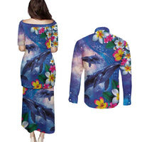 Hawaiian Lei Day Plumeria Humpback Whales Couples Matching Puletasi and Long Sleeve Button Shirt Polynesian Art Vibrant Starry Nebula Style LT03 - Polynesian Pride