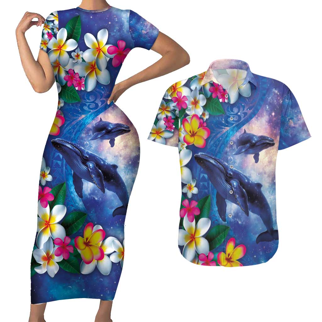 Hawaiian Lei Day Plumeria Humpback Whales Couples Matching Short Sleeve Bodycon Dress and Hawaiian Shirt Polynesian Art Vibrant Starry Nebula Style LT03 Art - Polynesian Pride