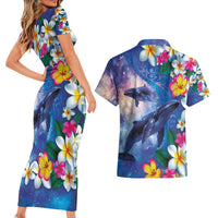 Hawaiian Lei Day Plumeria Humpback Whales Couples Matching Short Sleeve Bodycon Dress and Hawaiian Shirt Polynesian Art Vibrant Starry Nebula Style LT03 - Polynesian Pride