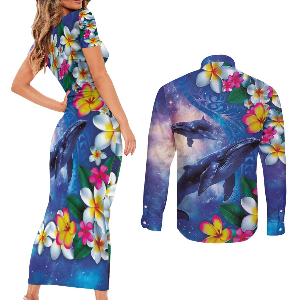 Hawaiian Lei Day Plumeria Humpback Whales Couples Matching Short Sleeve Bodycon Dress and Long Sleeve Button Shirt Polynesian Art Vibrant Starry Nebula Style LT03 - Polynesian Pride