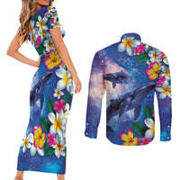 Hawaiian Lei Day Plumeria Humpback Whales Couples Matching Short Sleeve Bodycon Dress and Long Sleeve Button Shirt Polynesian Art Vibrant Starry Nebula Style LT03 - Polynesian Pride