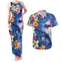 Hawaiian Lei Day Plumeria Humpback Whales Couples Matching Tank Maxi Dress and Hawaiian Shirt Polynesian Art Vibrant Starry Nebula Style LT03 Art - Polynesian Pride