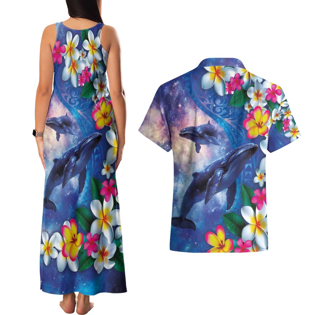 Hawaiian Lei Day Plumeria Humpback Whales Couples Matching Tank Maxi Dress and Hawaiian Shirt Polynesian Art Vibrant Starry Nebula Style LT03 - Polynesian Pride