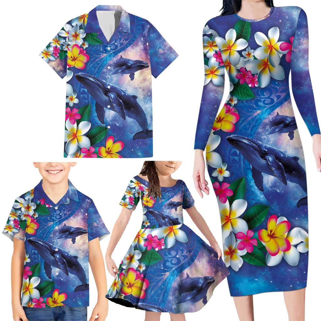 Hawaiian Lei Day Plumeria Humpback Whales Family Matching Long Sleeve Bodycon Dress and Hawaiian Shirt Polynesian Art Vibrant Starry Nebula Style LT03 - Polynesian Pride