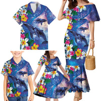 Hawaiian Lei Day Plumeria Humpback Whales Family Matching Mermaid Dress and Hawaiian Shirt Polynesian Art Vibrant Starry Nebula Style LT03 - Polynesian Pride