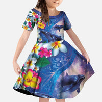 Hawaiian Lei Day Plumeria Humpback Whales Family Matching Off The Shoulder Long Sleeve Dress and Hawaiian Shirt Polynesian Art Vibrant Starry Nebula Style LT03 Daughter's Dress Art - Polynesian Pride