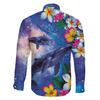 Hawaiian Lei Day Plumeria Humpback Whales Family Matching Off The Shoulder Long Sleeve Dress and Hawaiian Shirt Polynesian Art Vibrant Starry Nebula Style LT03 - Polynesian Pride