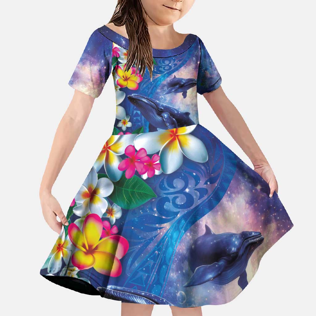 Hawaiian Lei Day Plumeria Humpback Whales Family Matching Off Shoulder Maxi Dress and Hawaiian Shirt Polynesian Art Vibrant Starry Nebula Style LT03 Daughter's Dress Art - Polynesian Pride
