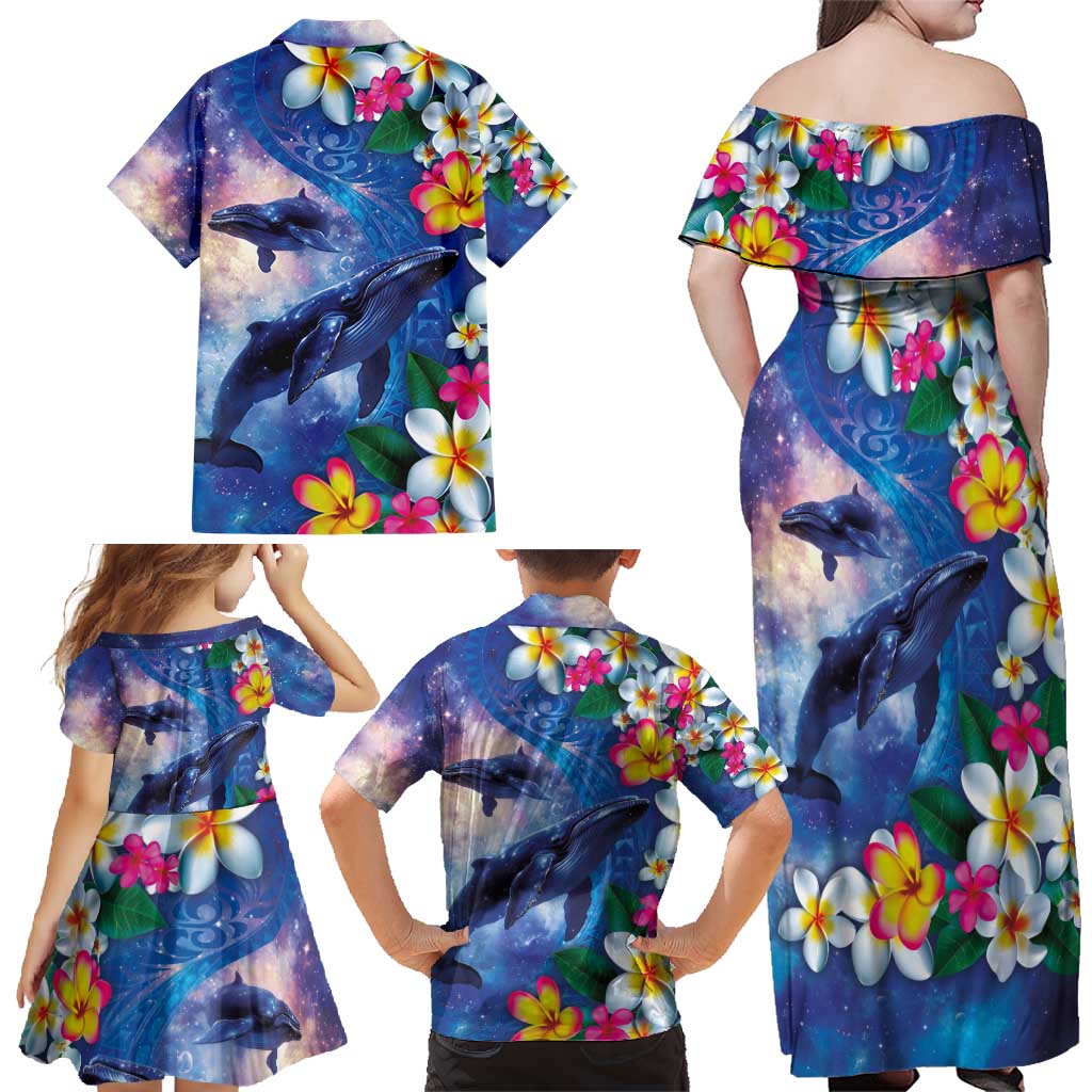 Hawaiian Lei Day Plumeria Humpback Whales Family Matching Off Shoulder Maxi Dress and Hawaiian Shirt Polynesian Art Vibrant Starry Nebula Style LT03 - Polynesian Pride