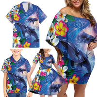 Hawaiian Lei Day Plumeria Humpback Whales Family Matching Off Shoulder Short Dress and Hawaiian Shirt Polynesian Art Vibrant Starry Nebula Style LT03 - Polynesian Pride