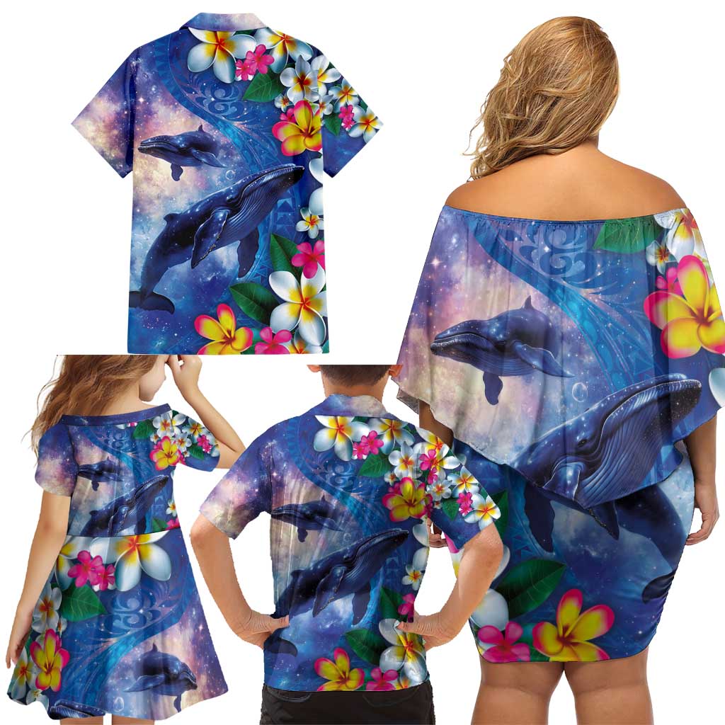 Hawaiian Lei Day Plumeria Humpback Whales Family Matching Off Shoulder Short Dress and Hawaiian Shirt Polynesian Art Vibrant Starry Nebula Style LT03 - Polynesian Pride