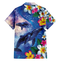 Hawaiian Lei Day Plumeria Humpback Whales Family Matching Off Shoulder Short Dress and Hawaiian Shirt Polynesian Art Vibrant Starry Nebula Style LT03 - Polynesian Pride