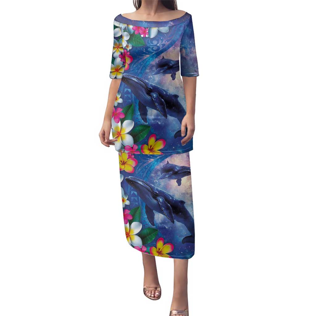 Hawaiian Lei Day Plumeria Humpback Whales Family Matching Puletasi and Hawaiian Shirt Polynesian Art Vibrant Starry Nebula Style LT03 Mom's Dress Art - Polynesian Pride