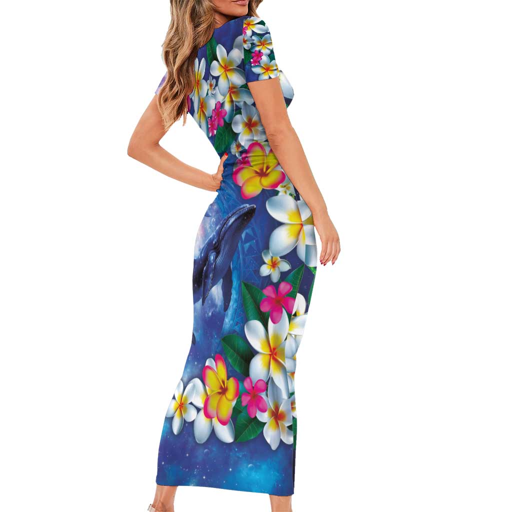 Hawaiian Lei Day Plumeria Humpback Whales Family Matching Short Sleeve Bodycon Dress and Hawaiian Shirt Polynesian Art Vibrant Starry Nebula Style LT03 - Polynesian Pride