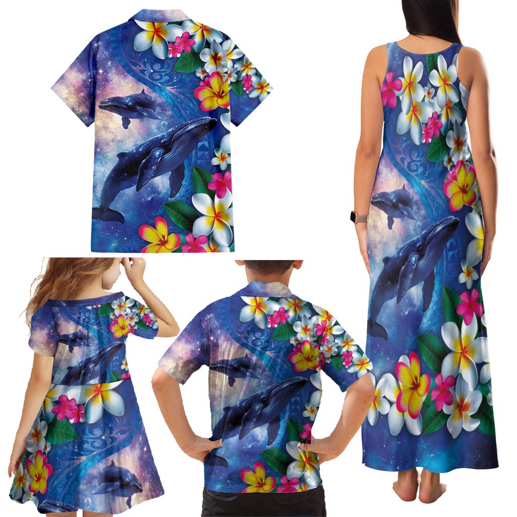 Hawaiian Lei Day Plumeria Humpback Whales Family Matching Tank Maxi Dress and Hawaiian Shirt Polynesian Art Vibrant Starry Nebula Style LT03 - Polynesian Pride