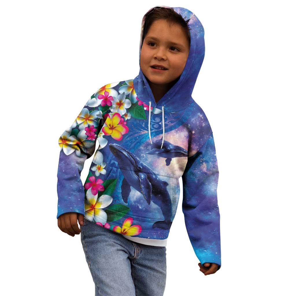 Hawaiian Lei Day Plumeria Humpback Whales Kid Hoodie Polynesian Art Vibrant Starry Nebula Style LT03 - Polynesian Pride