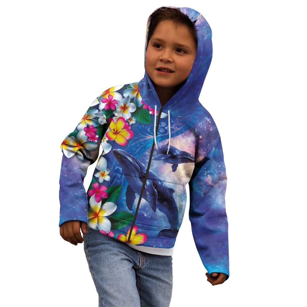 Hawaiian Lei Day Plumeria Humpback Whales Kid Hoodie Polynesian Art Vibrant Starry Nebula Style LT03 - Polynesian Pride