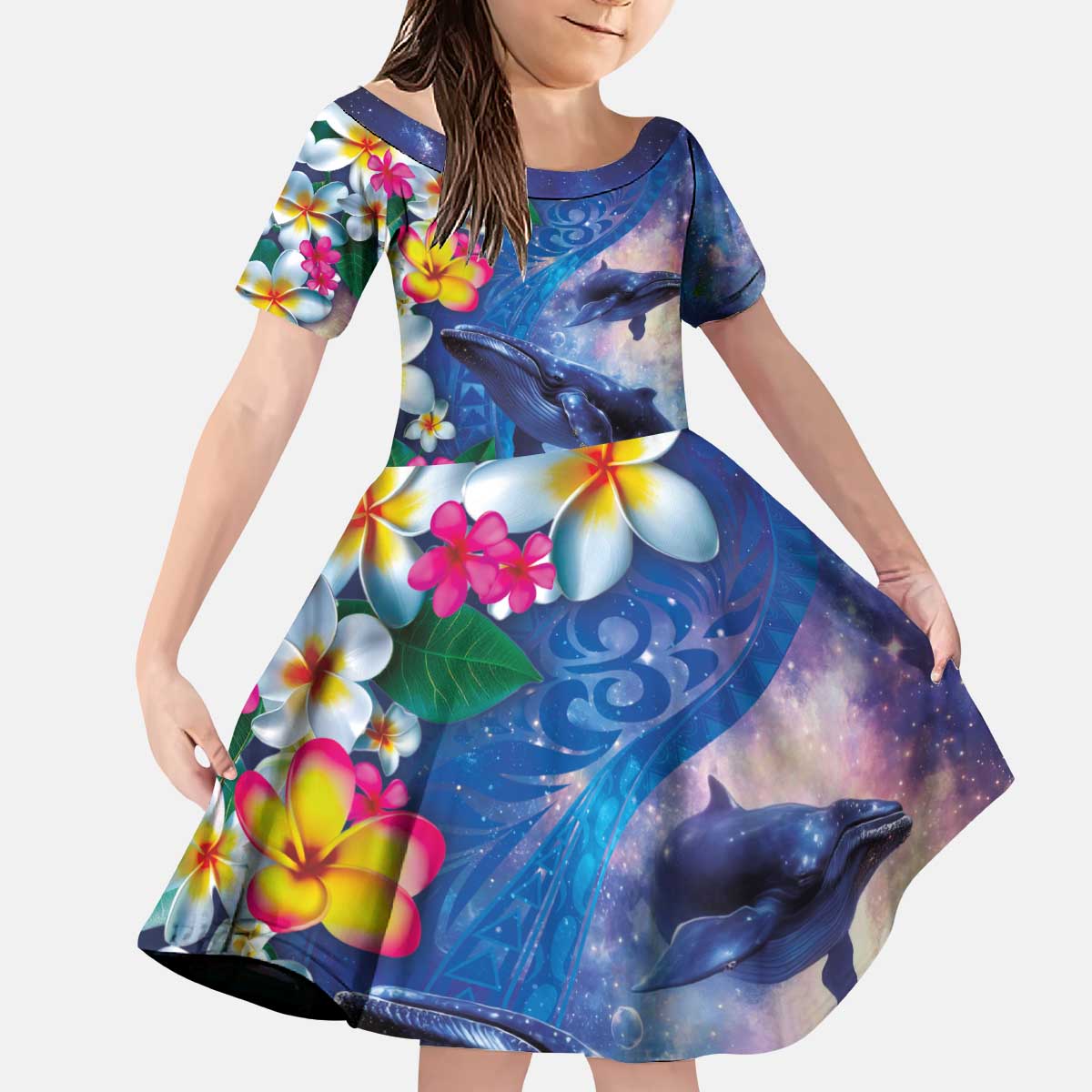 Hawaiian Lei Day Plumeria Humpback Whales Kid Short Sleeve Dress Polynesian Art Vibrant Starry Nebula Style