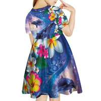 Hawaiian Lei Day Plumeria Humpback Whales Kid Short Sleeve Dress Polynesian Art Vibrant Starry Nebula Style LT03 - Polynesian Pride