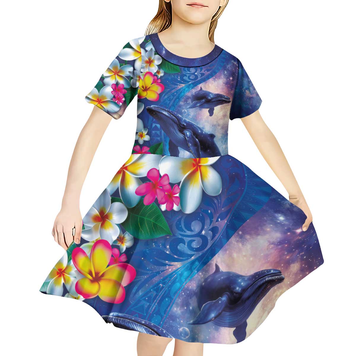 Hawaiian Lei Day Plumeria Humpback Whales Kid Short Sleeve Dress Polynesian Art Vibrant Starry Nebula Style LT03 - Polynesian Pride