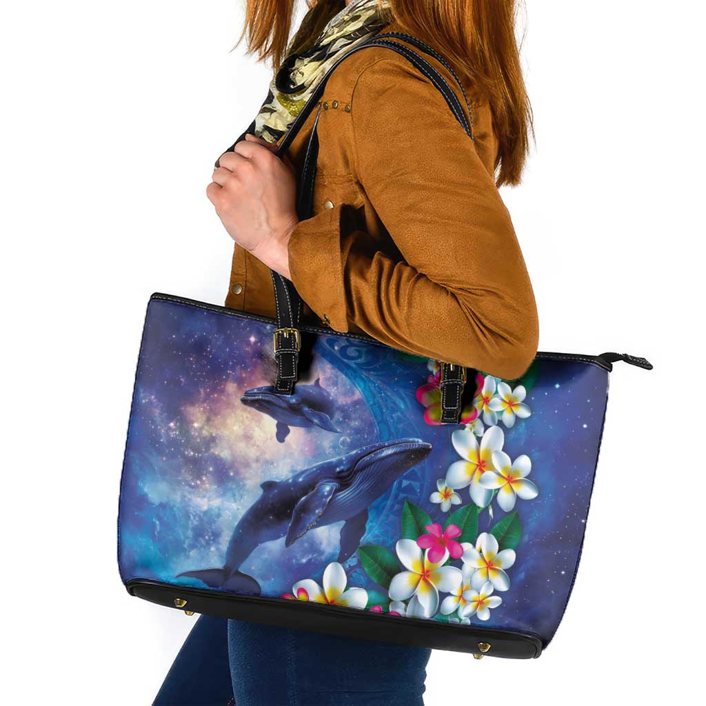 Hawaiian Lei Day Plumeria Humpback Whales Leather Tote Bag Polynesian Art Vibrant Starry Nebula Style LT03 Art - Polynesian Pride