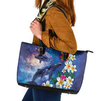 Hawaiian Lei Day Plumeria Humpback Whales Leather Tote Bag Polynesian Art Vibrant Starry Nebula Style LT03 Art - Polynesian Pride