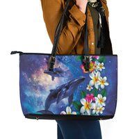 Hawaiian Lei Day Plumeria Humpback Whales Leather Tote Bag Polynesian Art Vibrant Starry Nebula Style LT03 - Polynesian Pride