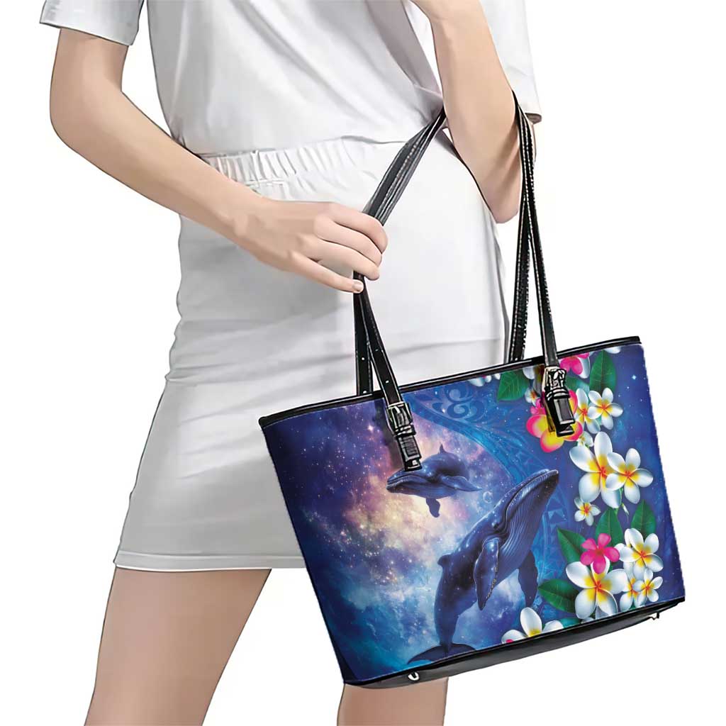 Hawaiian Lei Day Plumeria Humpback Whales Leather Tote Bag Polynesian Art Vibrant Starry Nebula Style LT03 - Polynesian Pride