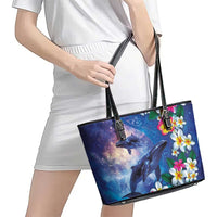 Hawaiian Lei Day Plumeria Humpback Whales Leather Tote Bag Polynesian Art Vibrant Starry Nebula Style LT03 - Polynesian Pride