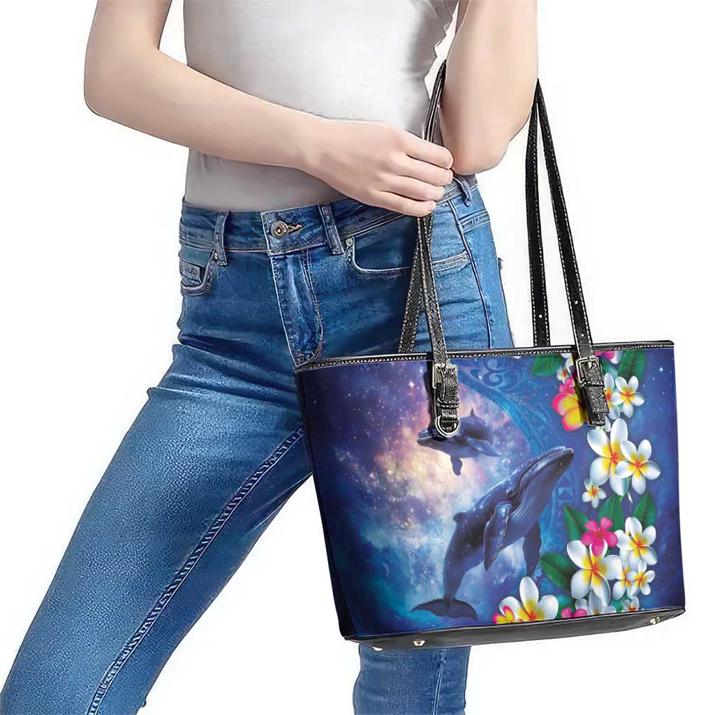 Hawaiian Lei Day Plumeria Humpback Whales Leather Tote Bag Polynesian Art Vibrant Starry Nebula Style LT03 - Polynesian Pride