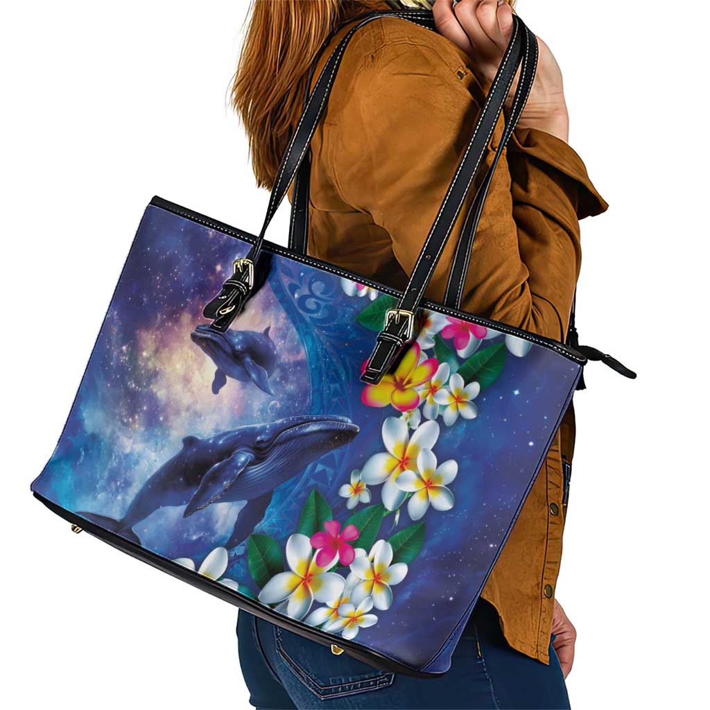 Hawaiian Lei Day Plumeria Humpback Whales Leather Tote Bag Polynesian Art Vibrant Starry Nebula Style LT03 - Polynesian Pride