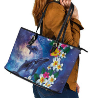 Hawaiian Lei Day Plumeria Humpback Whales Leather Tote Bag Polynesian Art Vibrant Starry Nebula Style LT03 - Polynesian Pride