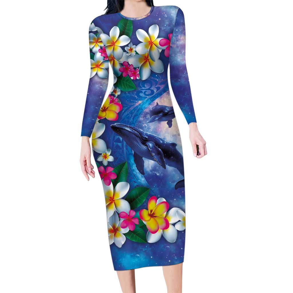 Hawaiian Lei Day Plumeria Humpback Whales Long Sleeve Bodycon Dress Polynesian Art Vibrant Starry Nebula Style LT03 Long Dress Art - Polynesian Pride