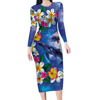 Hawaiian Lei Day Plumeria Humpback Whales Long Sleeve Bodycon Dress Polynesian Art Vibrant Starry Nebula Style LT03 Long Dress Art - Polynesian Pride