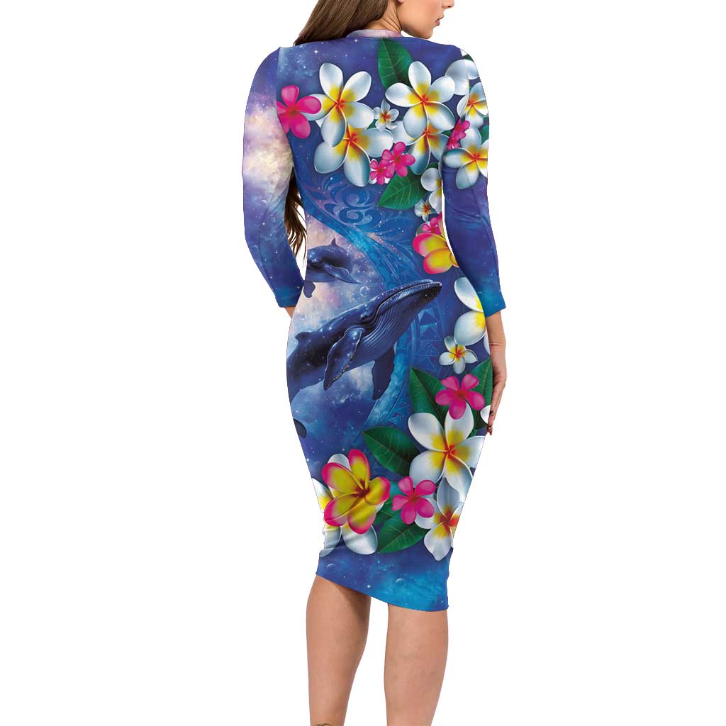 Hawaiian Lei Day Plumeria Humpback Whales Long Sleeve Bodycon Dress Polynesian Art Vibrant Starry Nebula Style LT03 - Polynesian Pride