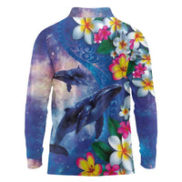 Hawaiian Lei Day Plumeria Humpback Whales Long Sleeve Polo Shirt Polynesian Art Vibrant Starry Nebula Style LT03 - Polynesian Pride