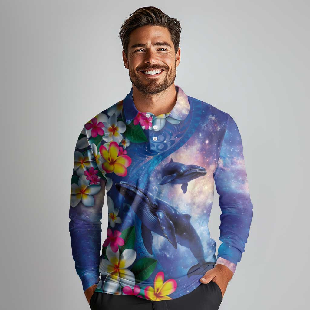 Hawaiian Lei Day Plumeria Humpback Whales Long Sleeve Polo Shirt Polynesian Art Vibrant Starry Nebula Style LT03 - Polynesian Pride