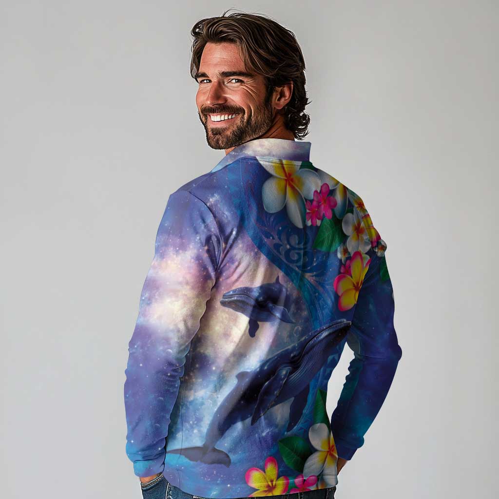 Hawaiian Lei Day Plumeria Humpback Whales Long Sleeve Polo Shirt Polynesian Art Vibrant Starry Nebula Style LT03 - Polynesian Pride