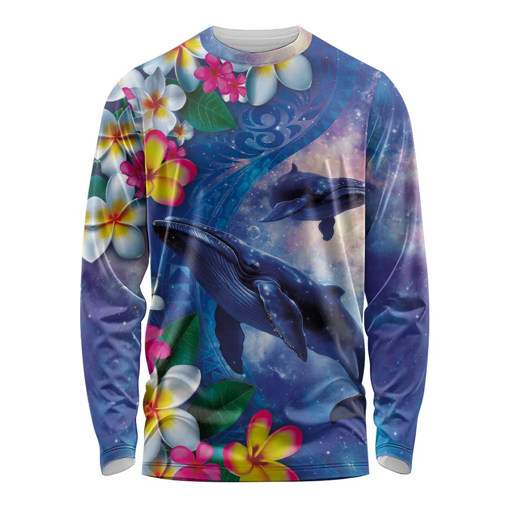 Hawaiian Lei Day Plumeria Humpback Whales Long Sleeve Shirt Polynesian Art Vibrant Starry Nebula Style LT03 Unisex Art - Polynesian Pride