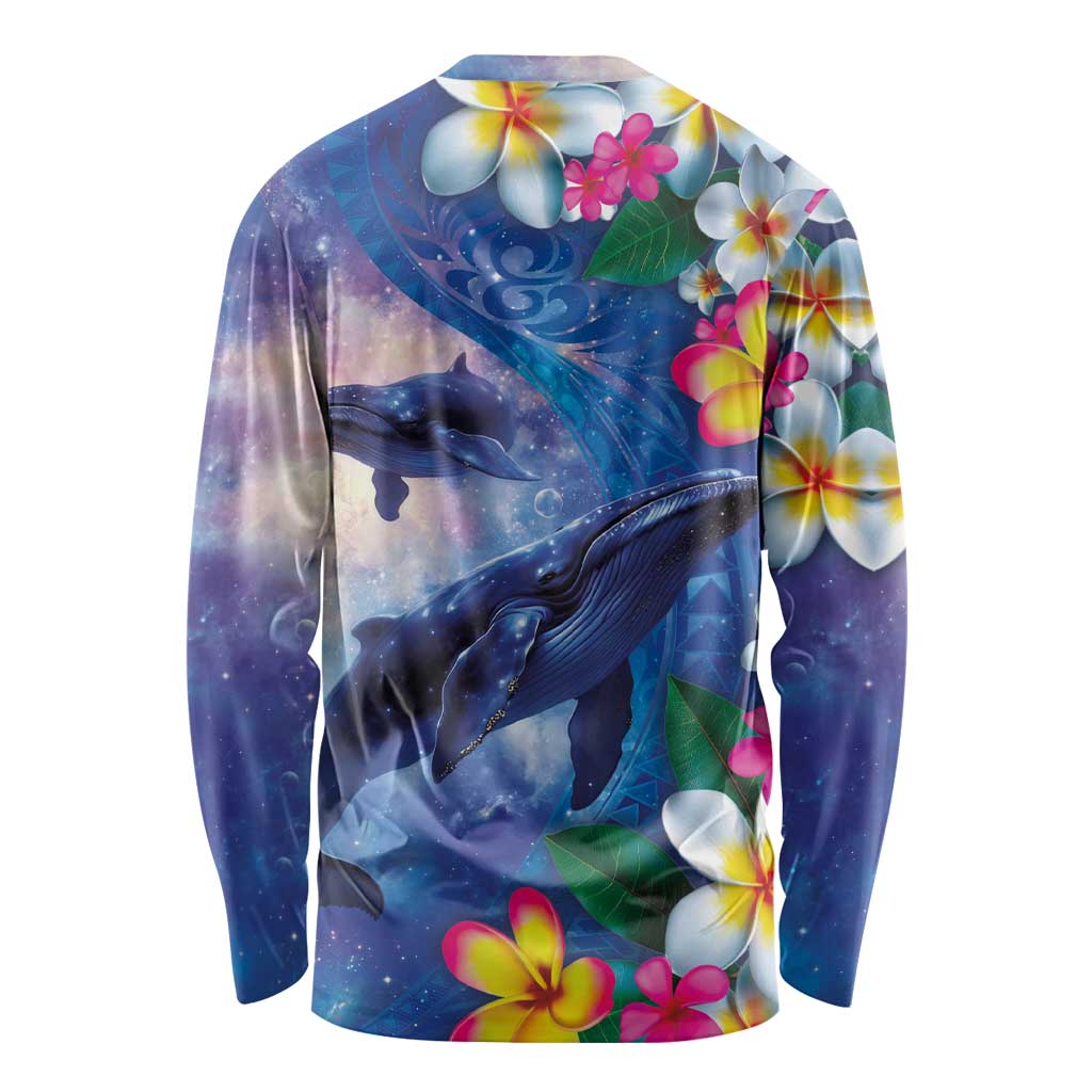 Hawaiian Lei Day Plumeria Humpback Whales Long Sleeve Shirt Polynesian Art Vibrant Starry Nebula Style LT03 - Polynesian Pride