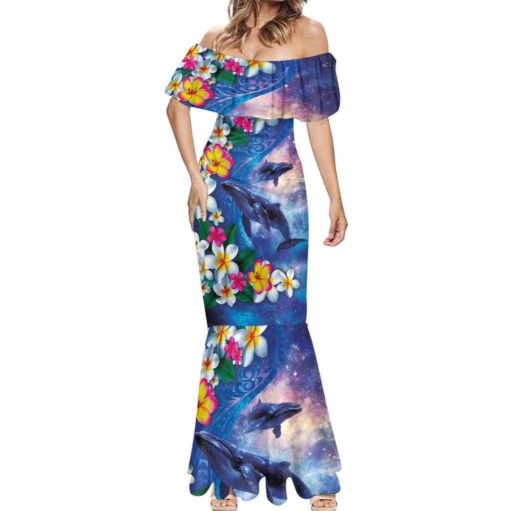 Hawaiian Lei Day Plumeria Humpback Whales Mermaid Dress Polynesian Art Vibrant Starry Nebula Style LT03 - Polynesian Pride